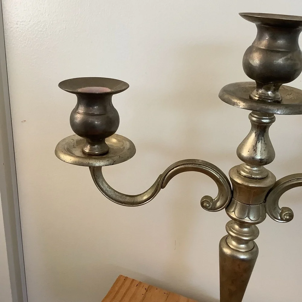 Vintage Antique Large 3 Arm Silvertone Brass Candelabra Candle Stick Ornate